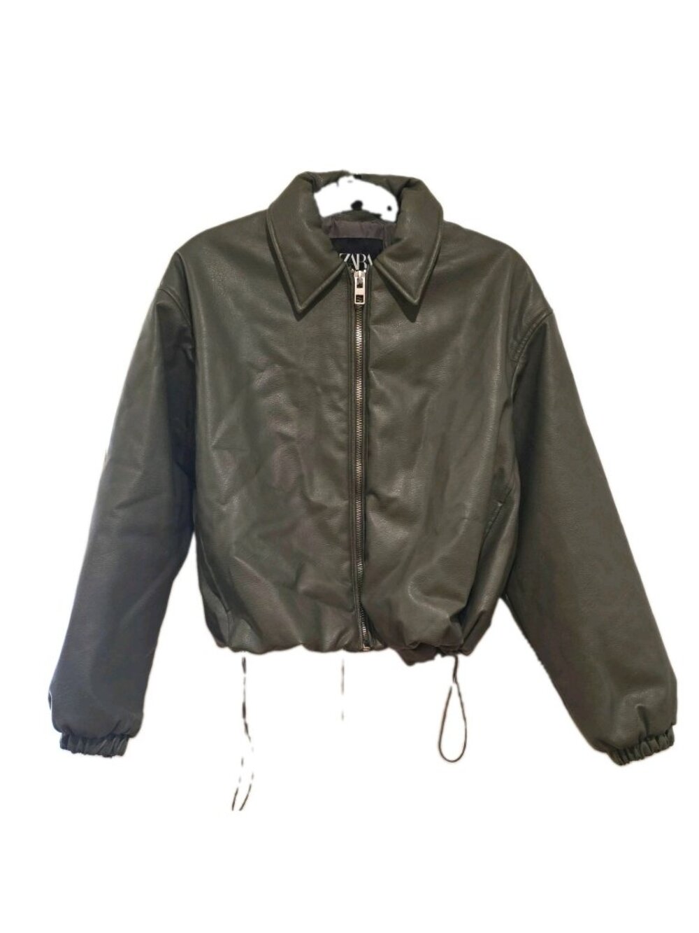 ZARA Bomber Jacket Womens M Gray Cropped Drawstring Faux Leather Puffer